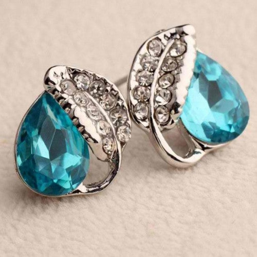 18K Gold Plated Blue Ocean Heart Charming Water Drop Crystal Stud Earrings